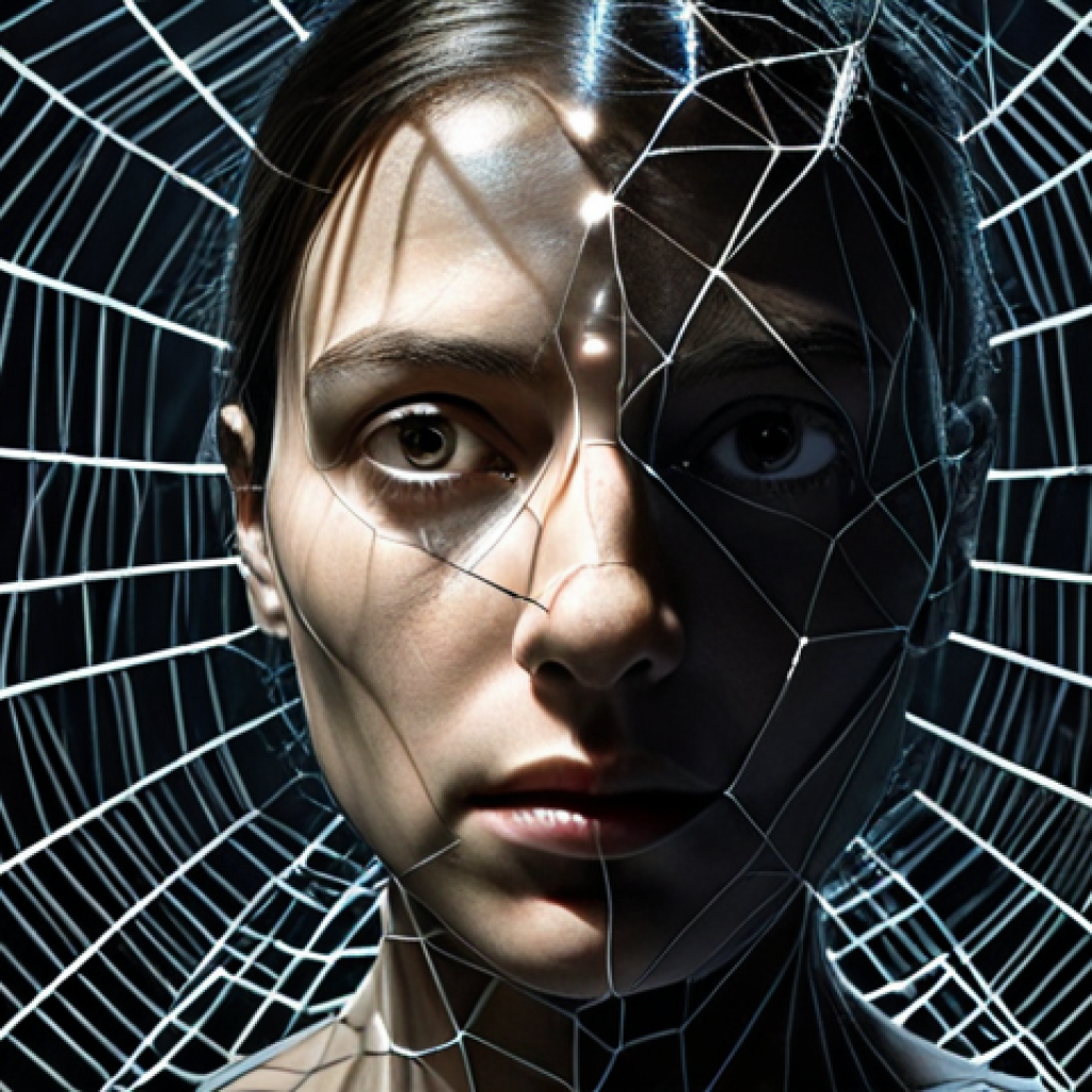 **A dark, ominous image depicting a tangled web of data streams representing algorithms, with a single spotlight shining on a broken mirror reflecting a distorted human face. Symbolizes the power and potential downsides of algorithms on individual freedom and identity.**