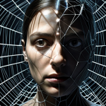 **A dark, ominous image depicting a tangled web of data streams representing algorithms, with a single spotlight shining on a broken mirror reflecting a distorted human face. Symbolizes the power and potential downsides of algorithms on individual freedom and identity.**