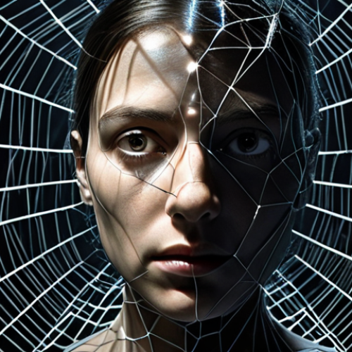 **A dark, ominous image depicting a tangled web of data streams representing algorithms, with a single spotlight shining on a broken mirror reflecting a distorted human face. Symbolizes the power and potential downsides of algorithms on individual freedom and identity.**