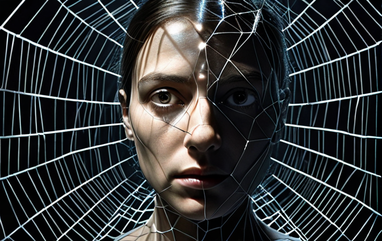 **A dark, ominous image depicting a tangled web of data streams representing algorithms, with a single spotlight shining on a broken mirror reflecting a distorted human face. Symbolizes the power and potential downsides of algorithms on individual freedom and identity.**