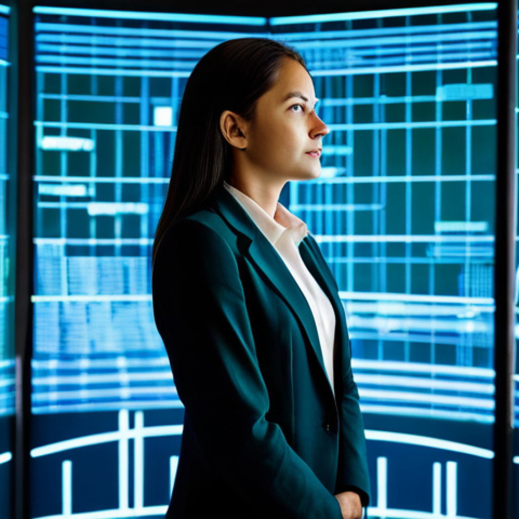 A focused female AI ethicist in professional business attire, standing in front of a large, translucent holographic display that visually represents complex AI decision-making processes, highlighting data pathways and explainable logic. Her expression is contemplative, engaging with the visualization. The setting is a futuristic, bright research lab with clean lines and subtle blue and green light accents. fully clothed, modest clothing, appropriate attire, safe for work, professional, perfect anatomy, correct proportions, natural pose, well-formed hands, proper finger count, natural body proportions, professional photography, high quality, appropriate content, family-friendly.