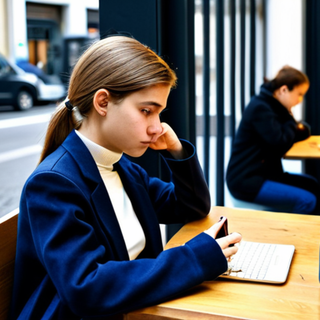 The Loneliness of Connection**
A young woman, fully clothed in a fashionable, modest outfit suitable for a Berlin cafe, sits alone at a table. She is looking at her smartphone, but her expression is melancholic. The cafe is bustling in the background with other patrons, but she is isolated in her digital world. Focus on the contrast between her physical presence in a social setting and her emotional isolation. Appropriate attire, safe for work, professional lighting, perfect anatomy, natural proportions, well-formed hands, proper finger count, family-friendly, high resolution. The scene should evoke a sense of modern alienation.
**