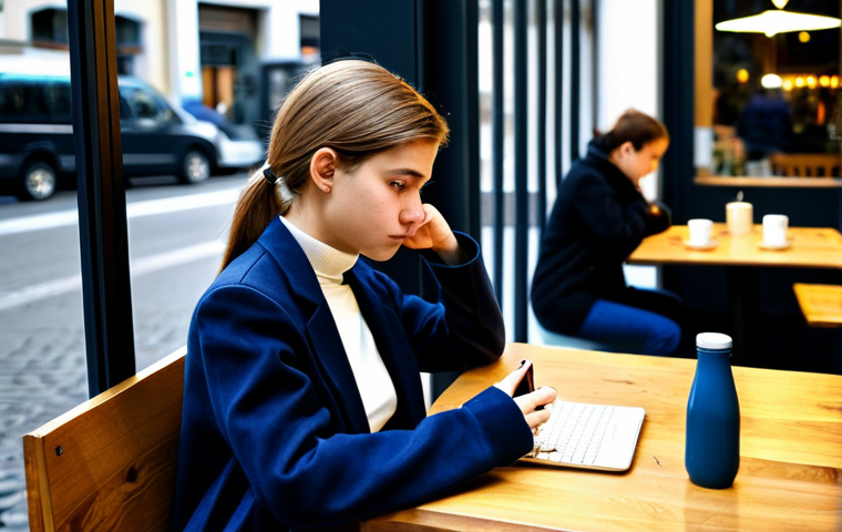 The Loneliness of Connection**
A young woman, fully clothed in a fashionable, modest outfit suitable for a Berlin cafe, sits alone at a table. She is looking at her smartphone, but her expression is melancholic. The cafe is bustling in the background with other patrons, but she is isolated in her digital world. Focus on the contrast between her physical presence in a social setting and her emotional isolation. Appropriate attire, safe for work, professional lighting, perfect anatomy, natural proportions, well-formed hands, proper finger count, family-friendly, high resolution. The scene should evoke a sense of modern alienation.
**