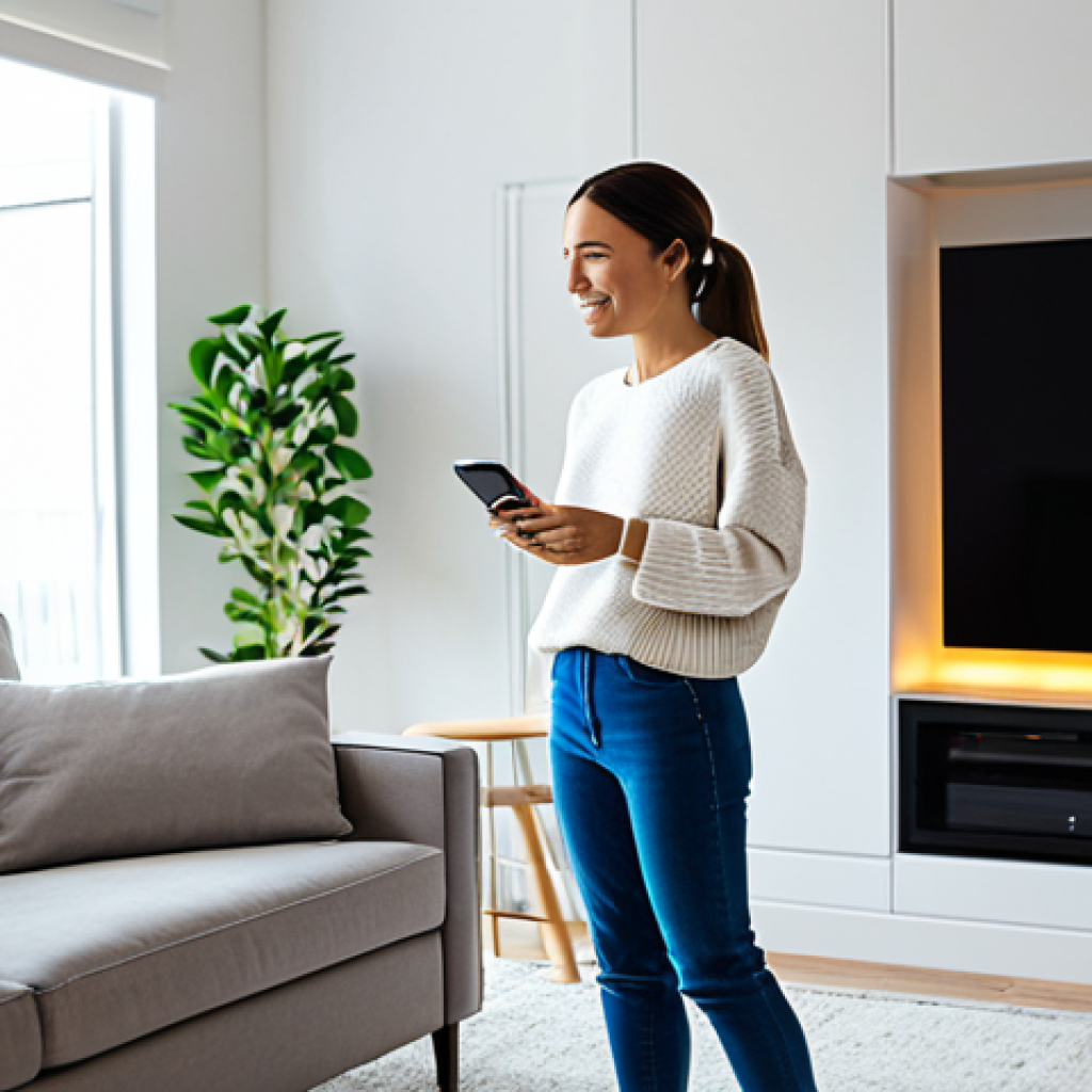 AI 활용의 윤리적 측면 - Smart Home Convenience**
"A modern, brightly lit apartment interior, featuring a woman in her late ...