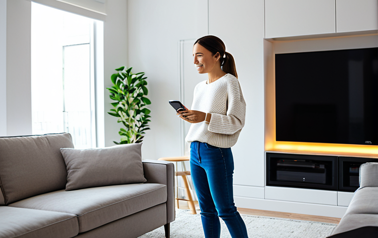 AI 활용의 윤리적 측면 - Smart Home Convenience**
"A modern, brightly lit apartment interior, featuring a woman in her late ...