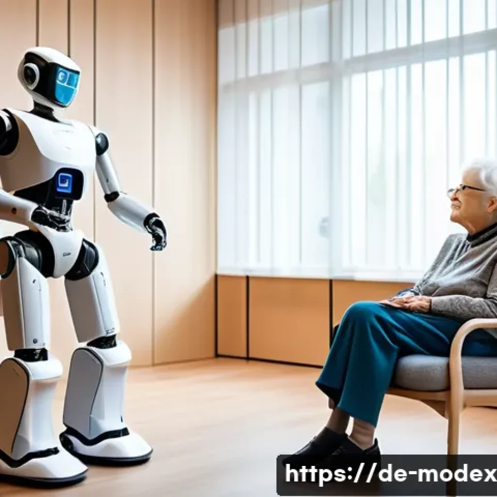 인간과 로봇의 윤리적 관계 구축하기 - A modern German elderly care facility room with a friendly, humanoid robot assistant wearing modest ...