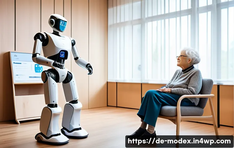 인간과 로봇의 윤리적 관계 구축하기 - A modern German elderly care facility room with a friendly, humanoid robot assistant wearing modest ...