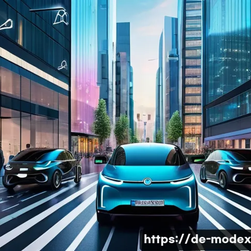 인간 기술 공존을 위한 법적 틀 - A futuristic European cityscape with autonomous electric vehicles navigating busy streets under digi...