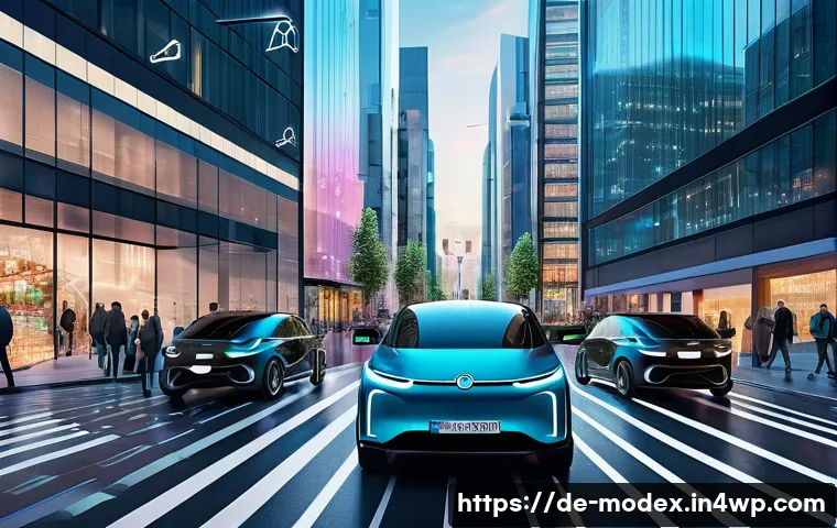 인간 기술 공존을 위한 법적 틀 - A futuristic European cityscape with autonomous electric vehicles navigating busy streets under digi...