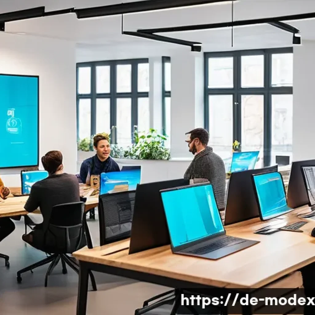 윤리적 기술 혁신을 위한 전략 개발 - A modern tech startup office in Berlin, showing a diverse team of developers and stakeholders engage...