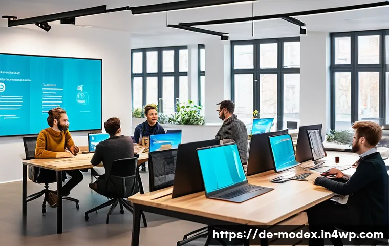 윤리적 기술 혁신을 위한 전략 개발 - A modern tech startup office in Berlin, showing a diverse team of developers and stakeholders engage...