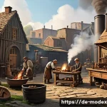 Home 20 기술과 인간의 관계 역사적 관점에서 - A detailed scene depicting the evolution of technology from the Stone Age to the Industrial Revoluti...
