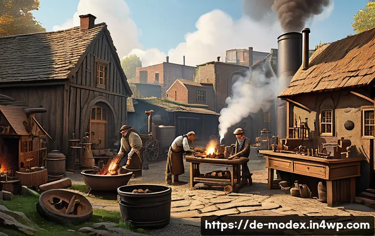 기술과 인간의 관계 역사적 관점에서 - A detailed scene depicting the evolution of technology from the Stone Age to the Industrial Revoluti...