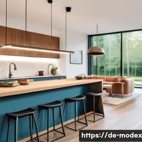 Home 31 인간 기술 공존의 미래 전망 - A modern German smart home interior during daytime, showcasing a seamless integration of smart devic...