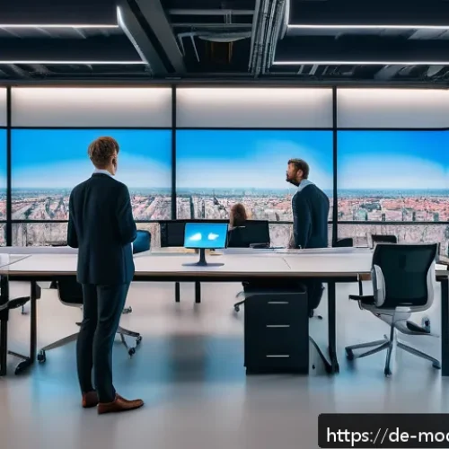Home 30 AI와 인간의 협력 모델 구축하기 - A modern office setting in Germany featuring a diverse team of professionals collaborating with an a...