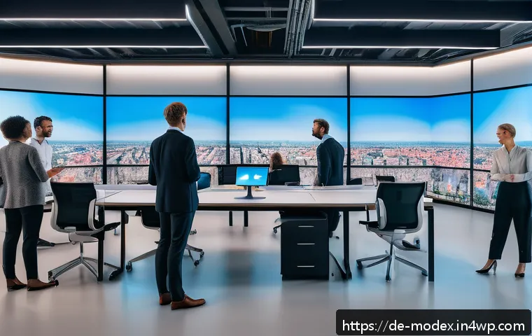 AI와 인간의 협력 모델 구축하기 - A modern office setting in Germany featuring a diverse team of professionals collaborating with an a...