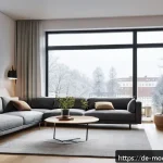 Home 23 인간 기술 공존의 글로벌 사례 - A modern German smart home interior during winter morning, showing an intelligent heating system wit...