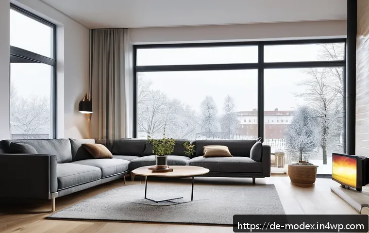 인간 기술 공존의 글로벌 사례 - A modern German smart home interior during winter morning, showing an intelligent heating system wit...