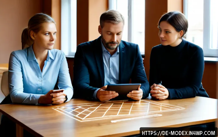 AI 결정의 윤리적 기준 수립하기 - Photorealistic modern German workplace, a diverse ethics committee of adult professionals seated aro...